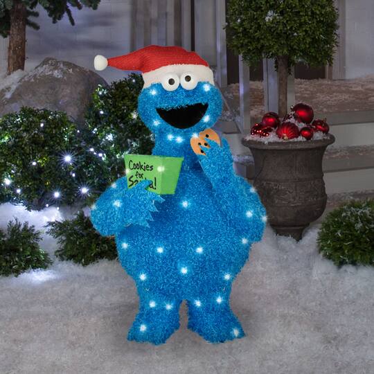 32" Pre-Lit Sesame Street Cookie Monster 3D Christmas Tinsel Sculpture Christmas Décor